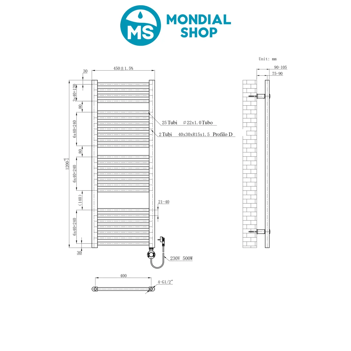 Termoarredo elettrico 1200x450 mm potenza 500W Termostato...