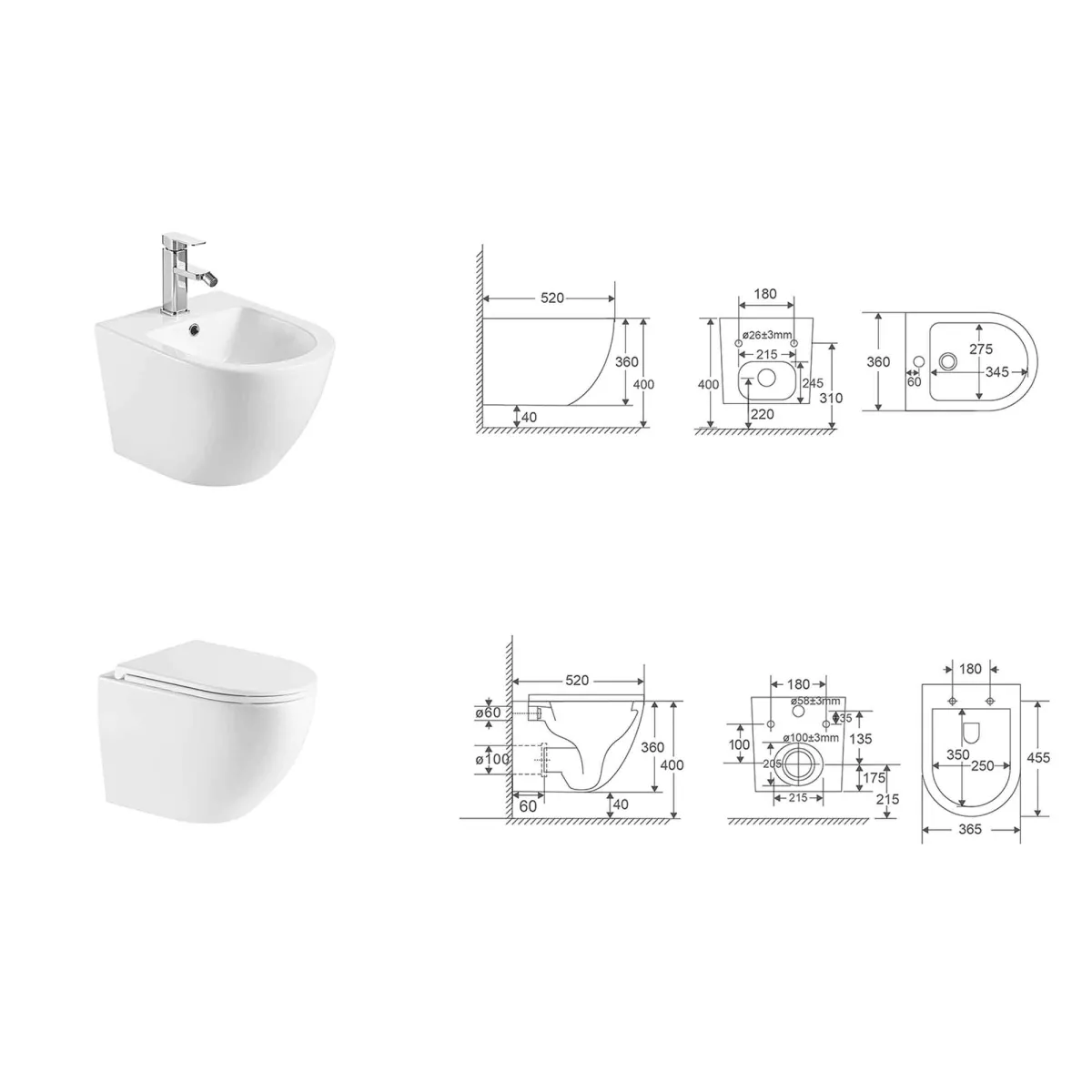 Sanitari Sospesi Moon Rimless WC e Bidet Bianchi