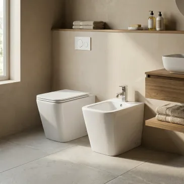 Coppia Sanitari squadrati bianco lucido wc e bidet GRETA