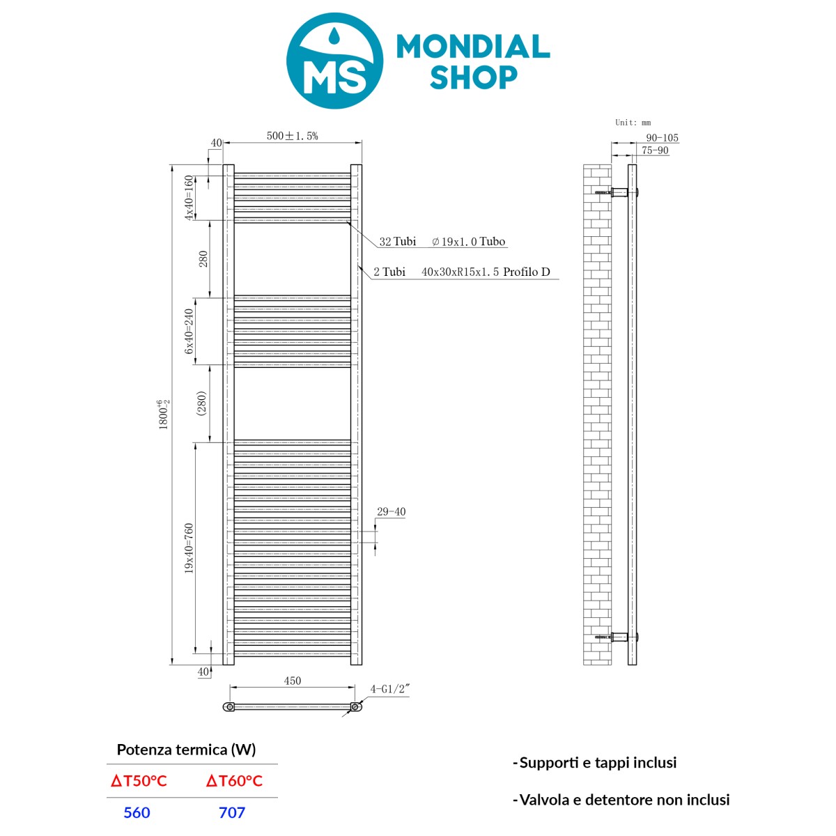 Radiatore Termoarredo scaldasalviette 100x500 bianco...
