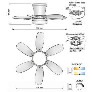 Ventilateur de plafond LED blanc brise 10W 1100LM CCT à intensité variable avec télécommande infrarouge 16X53CM