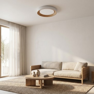 Plafoniera LED bianca per interni con effetto legno