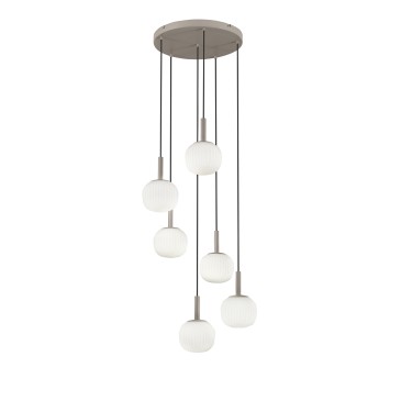 ERIS Hängeleuchte, weiß und braun, sechs Leuchten, aus Aluminium und Glas, 6 x E14, 106 x 16 x 150 cm
