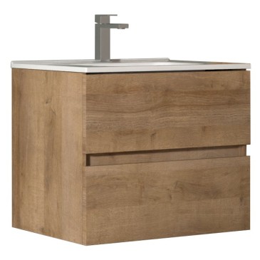 Meuble de salle de bain suspendu en chêne cannelé avec miroir et éclairage assortis