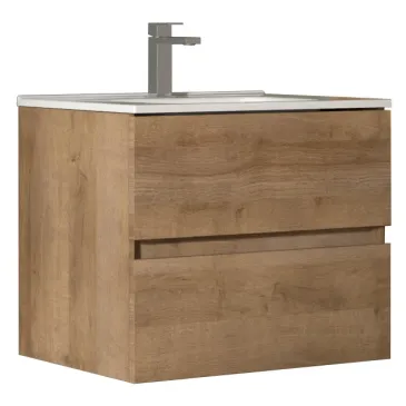 Meuble de salle de bain suspendu en chêne cannelé avec miroir et éclairage assortis
