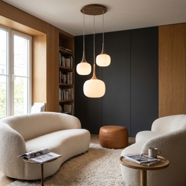 Suspension blanche ou grise avec détails en bois et métal 3XE27+E14