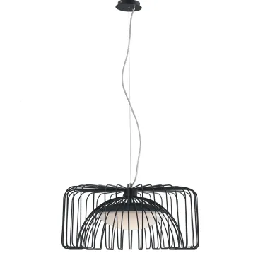 lampadario a sospensione con gabbia metallica geometrica, finitura bianca o nera e tecnologia LED