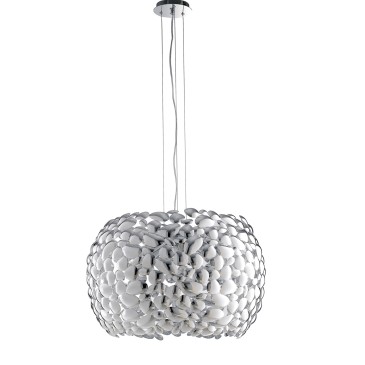 Lampada a sospensione 60W 5XE27 diametro 65cm bianca o cromo. Moderno punto luce con struttura in metallo a forma di sassi