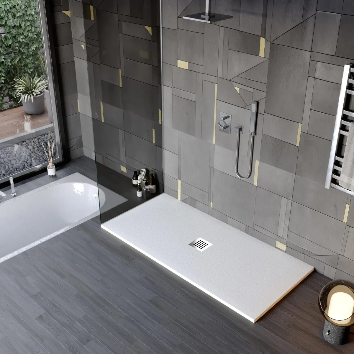 Receveur de douche en résine de marbre blanc avec trou...