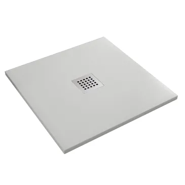 Receveur de douche en résine de marbre gris clair avec trou au centre de la pierre