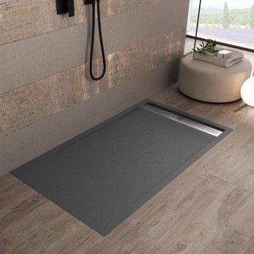Receveur de douche en résine gris foncé avec trou latéral GRID