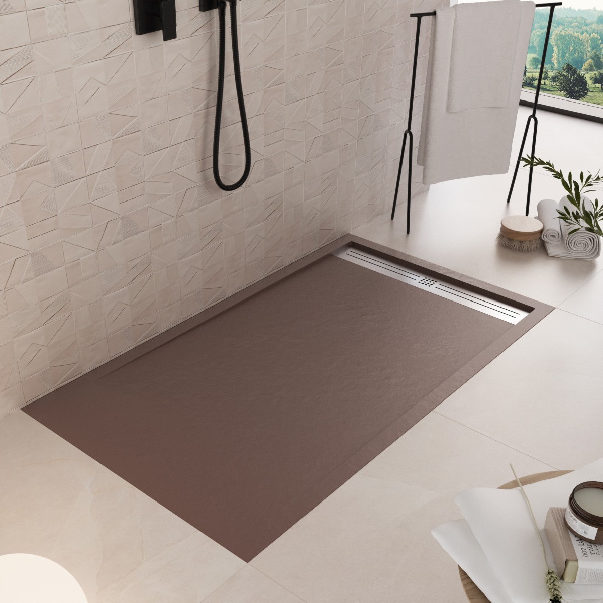 Receveur de douche en résine brune avec trou latéral GRID