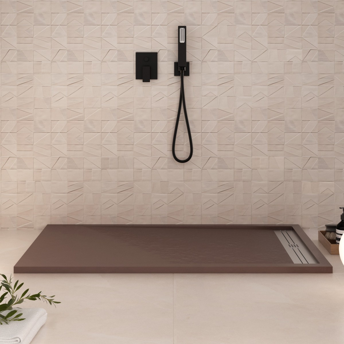 Receveur de douche en résine brune avec trou latéral GRID