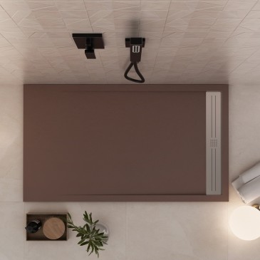 Receveur de douche en résine brune avec trou latéral GRID