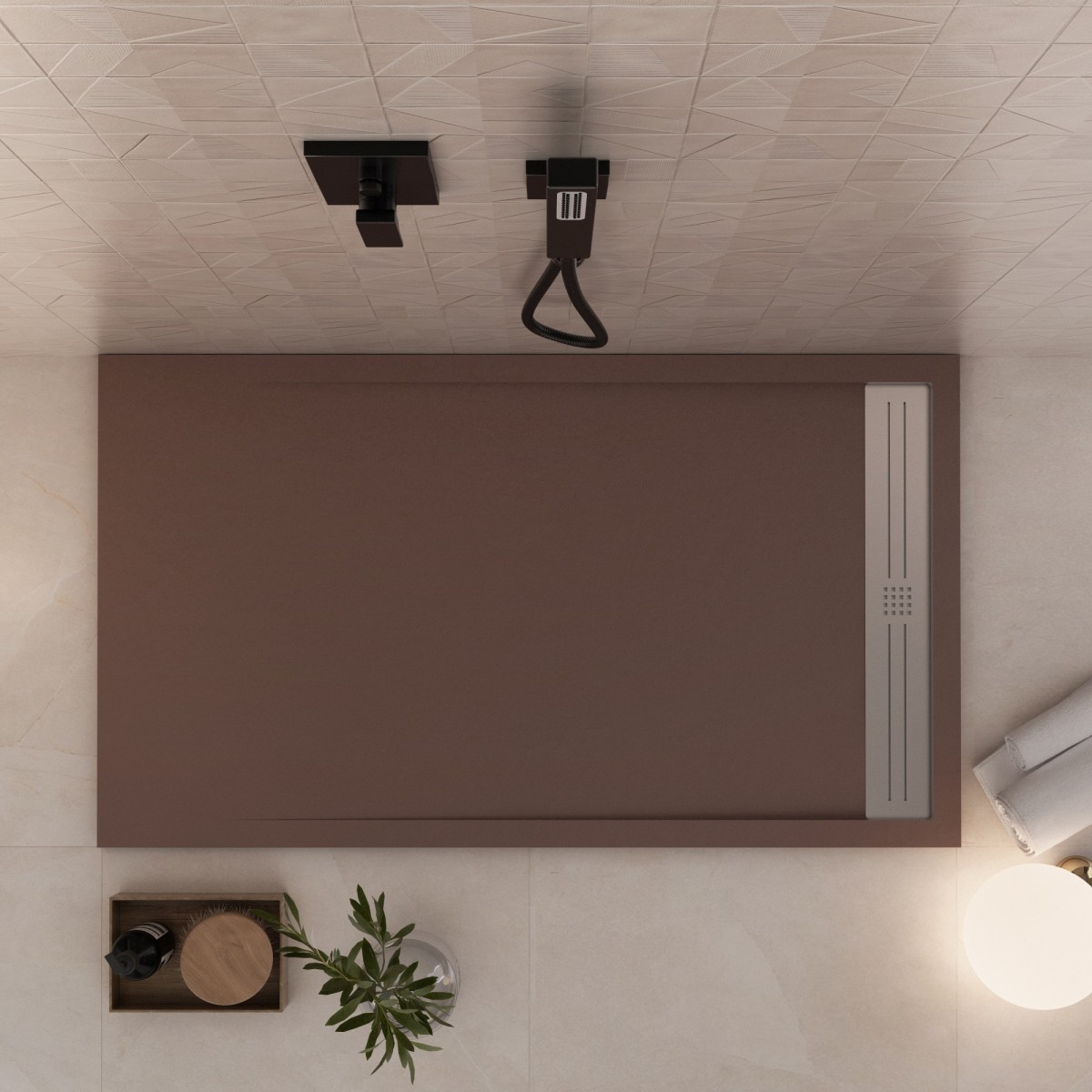 Receveur de douche en résine brune avec trou latéral GRID
