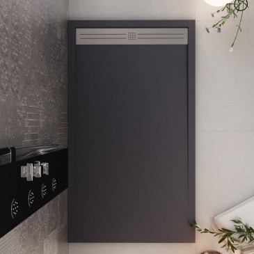 Receveur de douche en résine noire avec trou latéral GRID