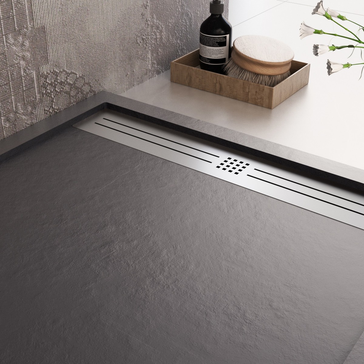 Piatto doccia in resina Nero foro laterale GRID