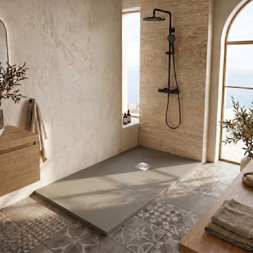 Receveur de douche en résine gris clair à trou latéral PLUS