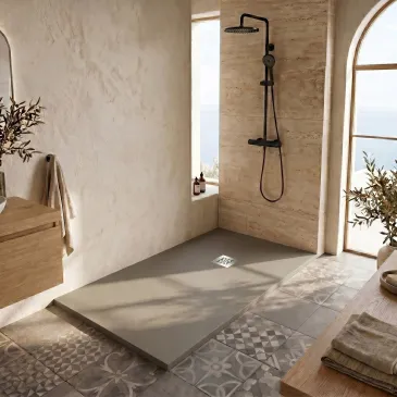 Receveur de douche en résine gris clair à trou latéral PLUS
