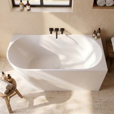 Vasca da bagno ad angolo modello River 160x75 cm, finitura bianca opaca moderna con installazione sul lato destro.