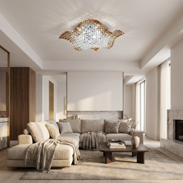 plafoniera da soffitto moderna a onda con cristalli K9 ambra, ideale per valorizzare soggiorni e camere da letto
