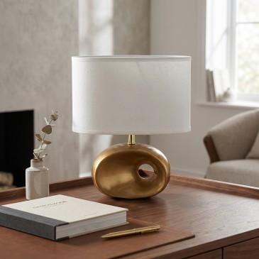 Lume da Comodino Moderno Adatta per camere e living Lampada in metallo oro e paralume bianco E14