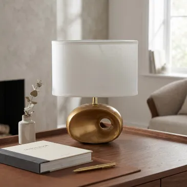 Lume da Comodino Moderno Adatta per camere e living Lampada in metallo oro e paralume bianco E14