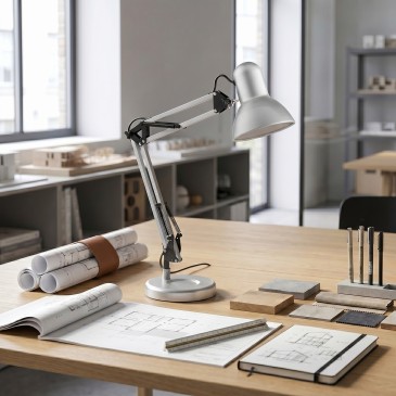 lampada da scrivania moderna con braccio flessibile, proposta in tre differenti varianti di stile