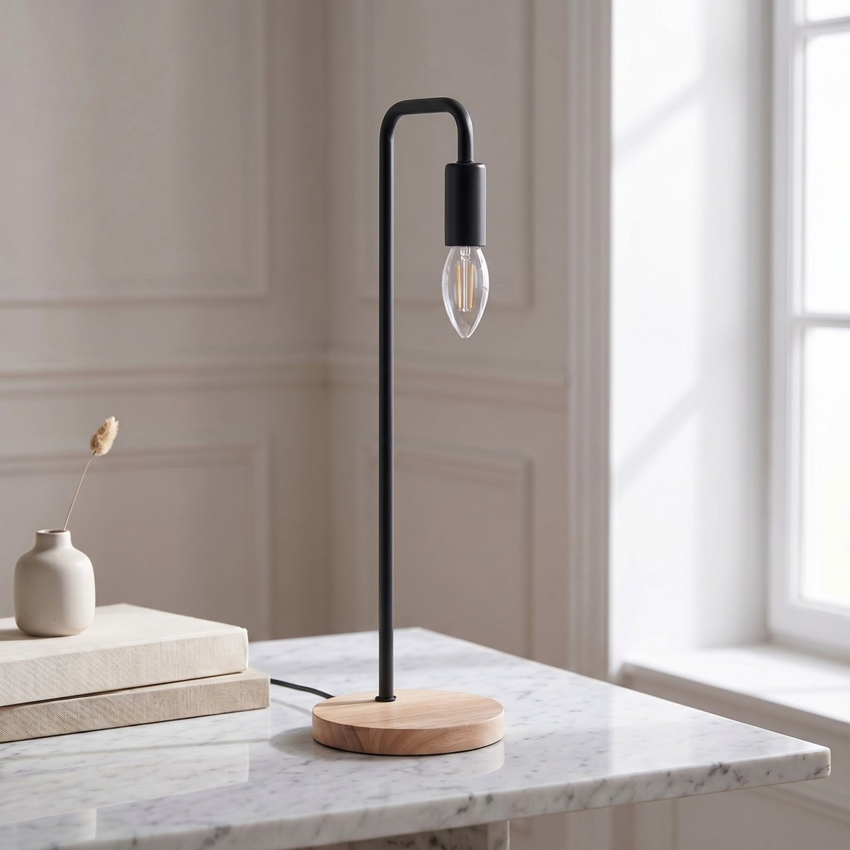 Lampe de table E14 en bois et métal | Mondialshop