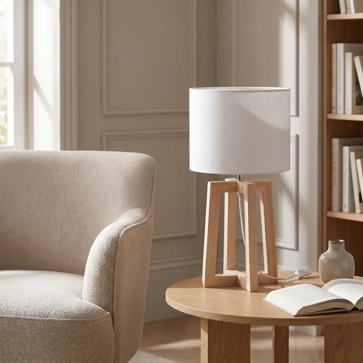 lampada da tavolo con struttura in legno naturale, ideale...