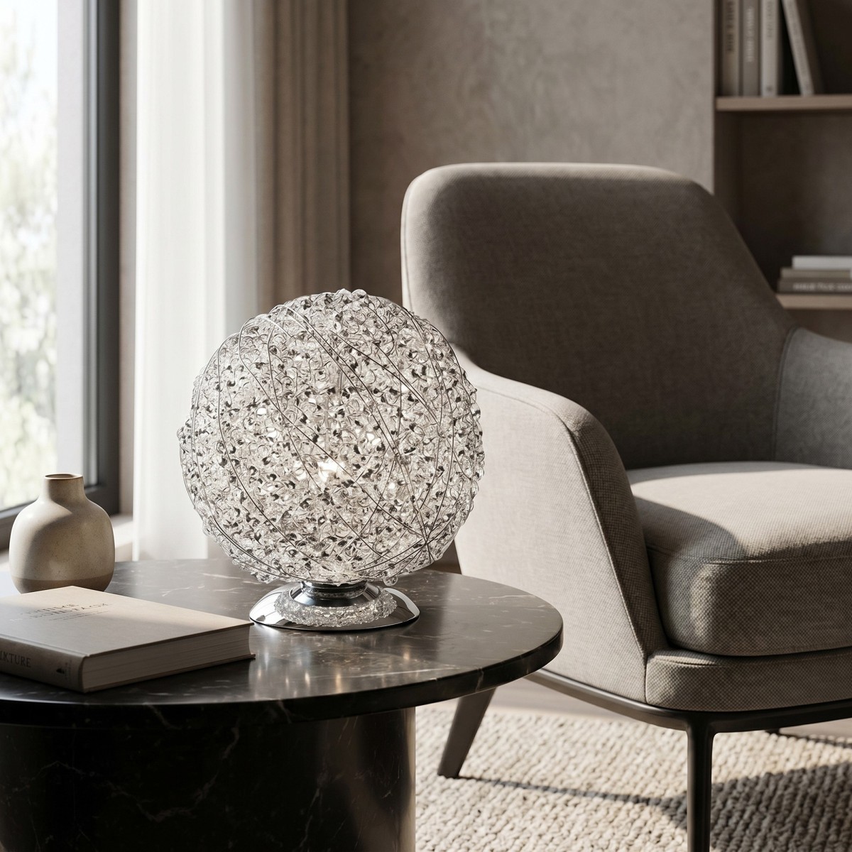 Lampe de table sphérique ornée de cristaux K9 | Mondialshop