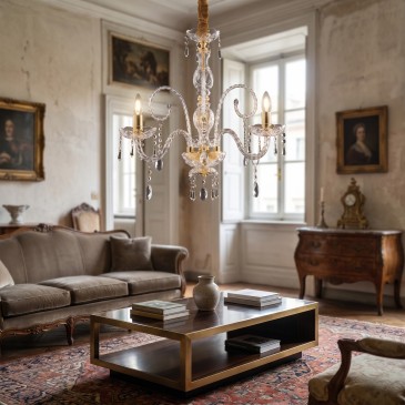 Lampadario a Sospensione Classico a 3 Bracci Oro con cristalli K9 e gocce in vetro 3XE14