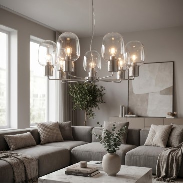 lampada a sospensione moderna grande con 6 attacchi E27, disponibile in finitura oro o argento