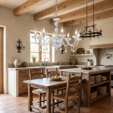 lampadario in cristallo a 8 luci E14, disponibile in finitura cromo o oro