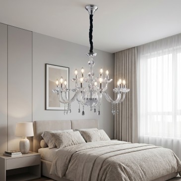 lampadario classico a 10+5 bracci in cristallo, disponibile in finitura oro o cromo