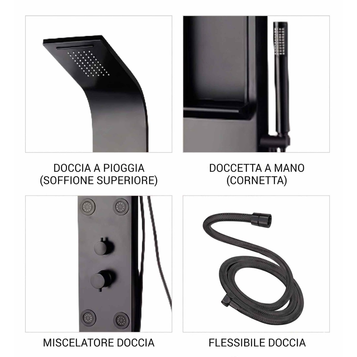 Colonna doccia nera in acciaio spazzolato con cascata COMO