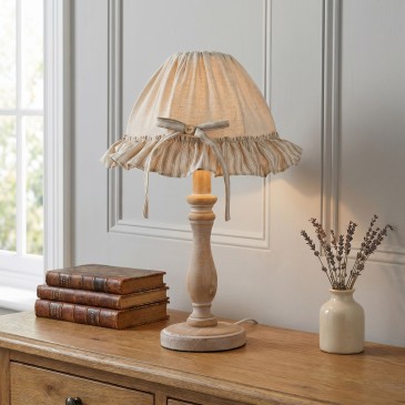 Tischleuchte aus beigefarbenem Holz und Stoff | Mondialshop