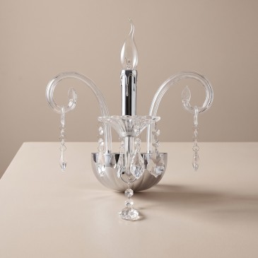 Applique Una Luce Vetro Pendangli Cristallo K9 Finiture Cromo Lampada Classica E14