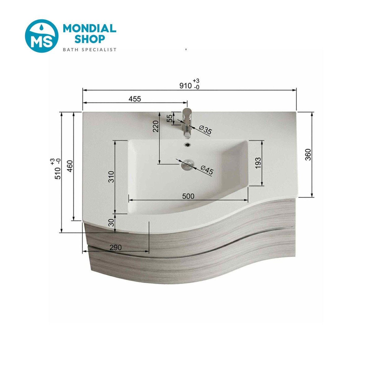Mobile bagno sospeso bianco curvo 90cm OPEN