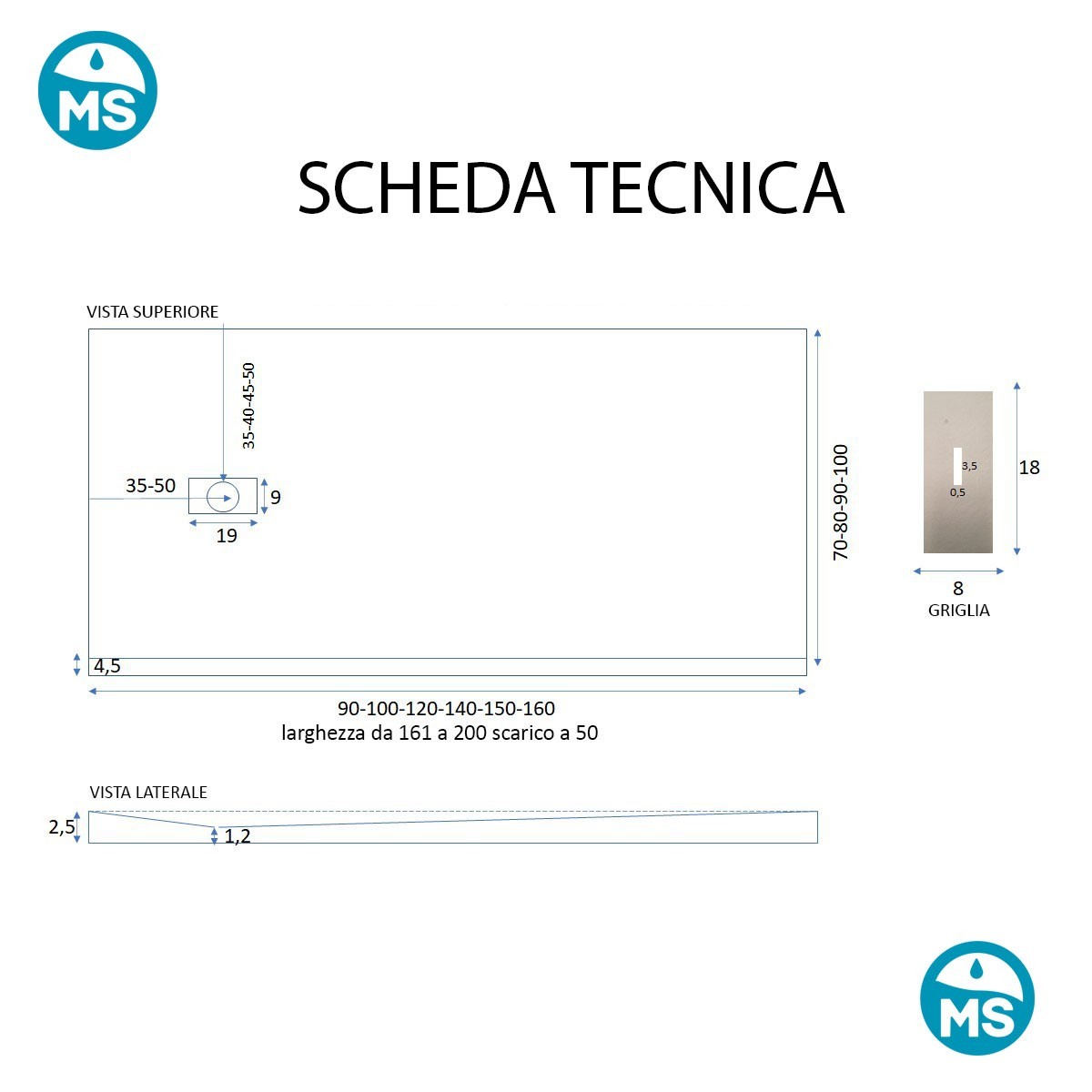 Piatto doccia in resina Nero foro laterale MAKA