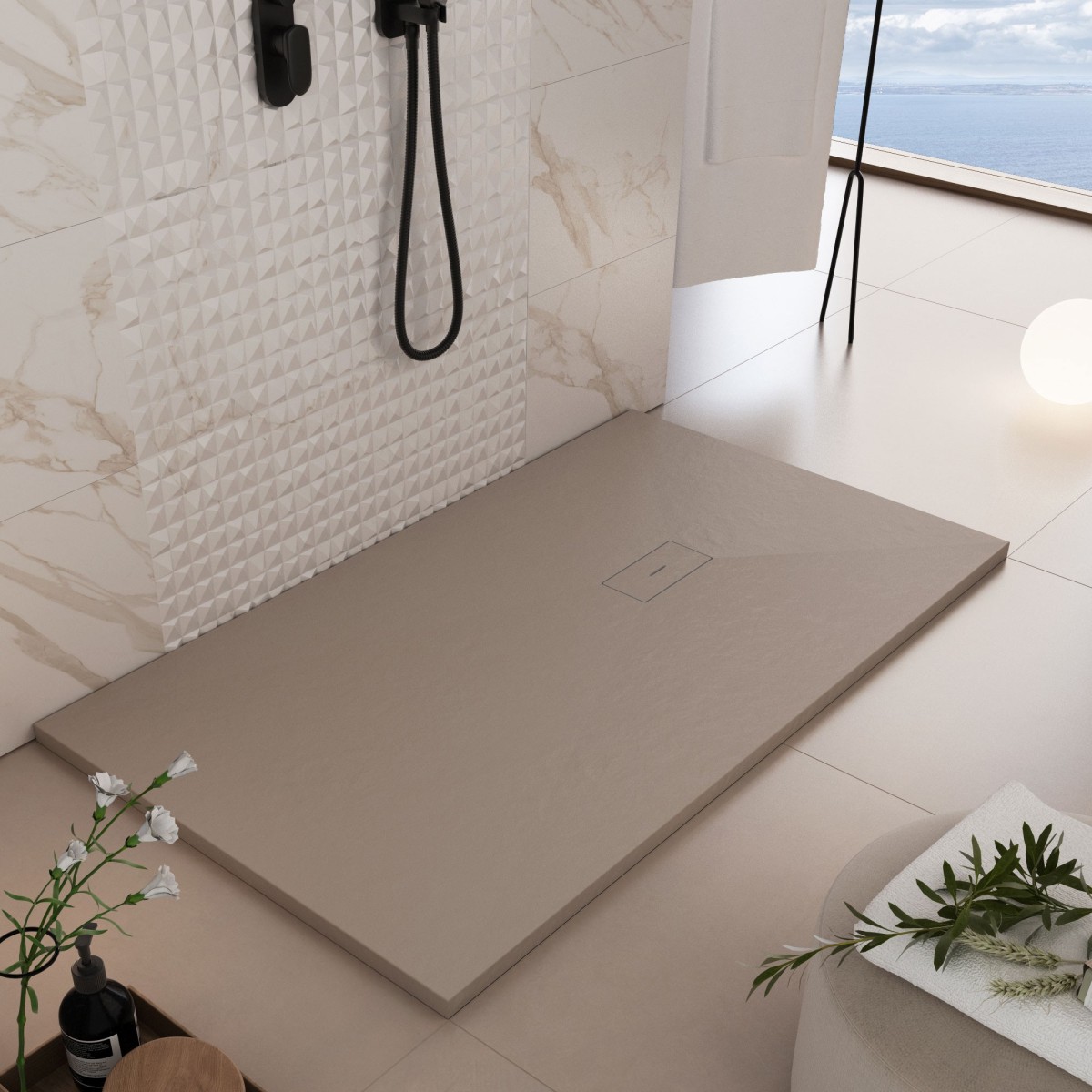 Receveur de douche en résine gris tourterelle, trou...