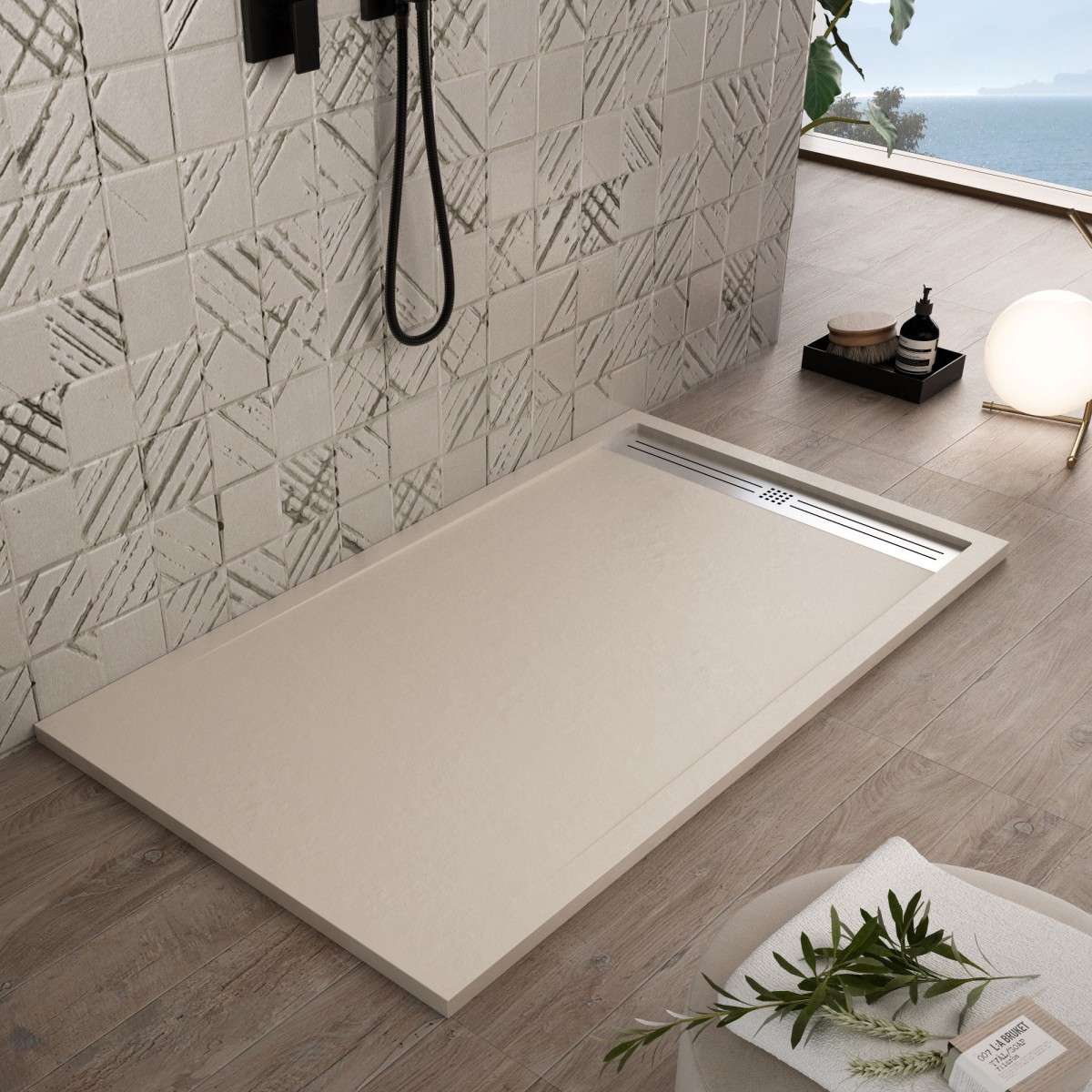 Piatto doccia in resina crema foro laterale GRID