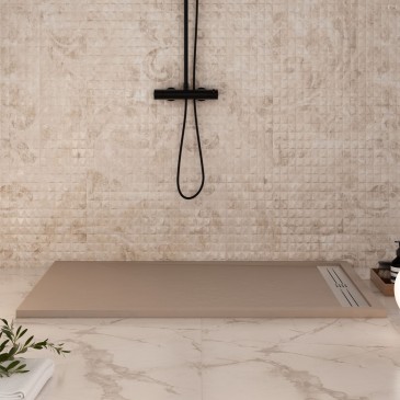 Receveur de douche en résine gris tourterelle avec trou latéral en grille