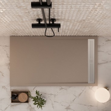 Receveur de douche en résine gris tourterelle avec trou latéral en grille