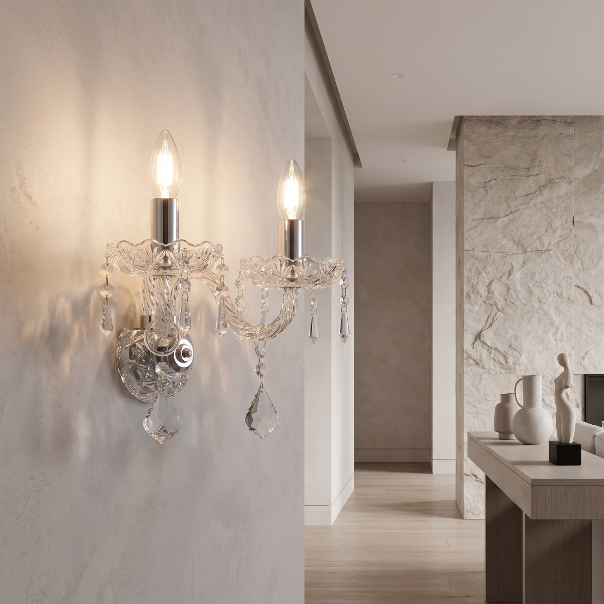 Lampe classique à 2 bras en cristal et chrome | Mondialshop