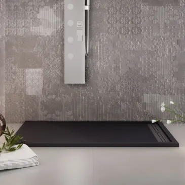 Receveur de douche en résine noire avec trou latéral GRID