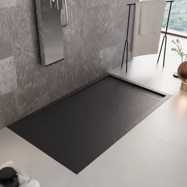 Receveur de douche en résine noire avec trou latéral GRID