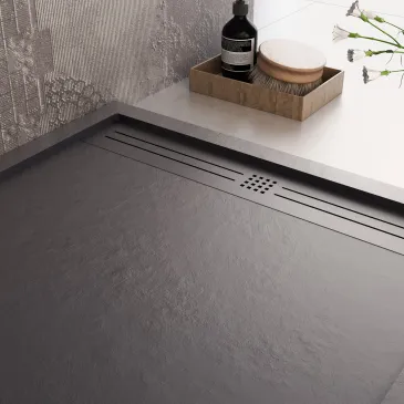 Schwarze Duschwanne aus Kunstharz mit seitlichem Loch