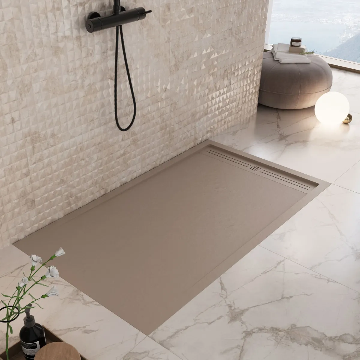 Receveur de douche en résine gris tourterelle avec trou...