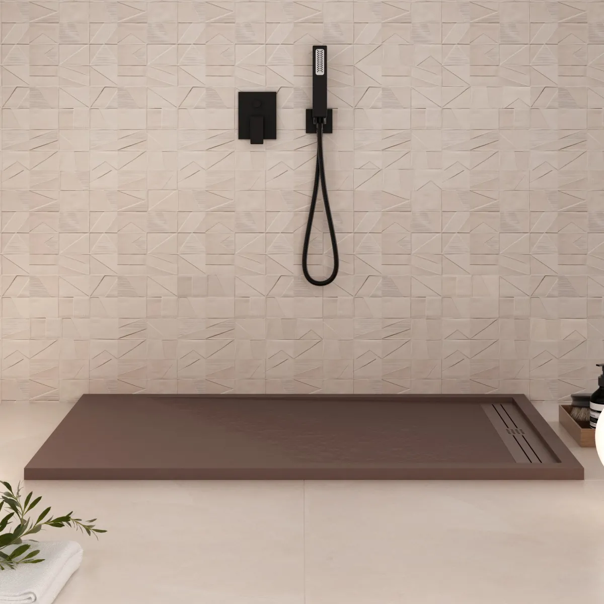Receveur de douche en résine brune avec trou latéral GRID